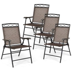 giantex set of 4 patio folding dining chairs for camping, beach, backyard, deck portable w/armrest and metal frame, 4-pack (brown)