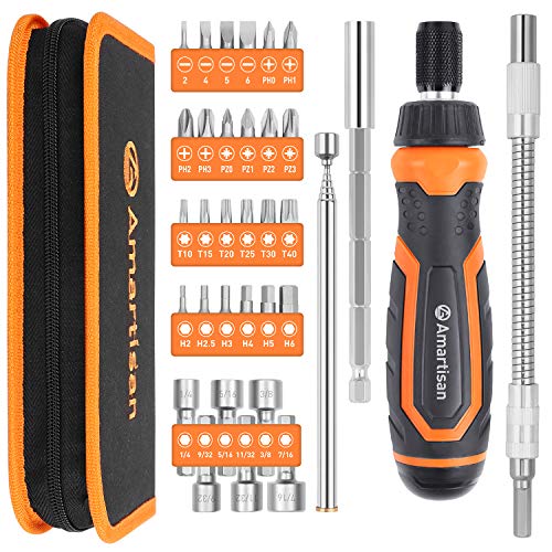 Amartisan Magnetic Ratchet Screwdriver Set, 34-Piece Multi-bit Ratchet Screw Drivers, Slotted/Philips/Pozi/Torx/Hex