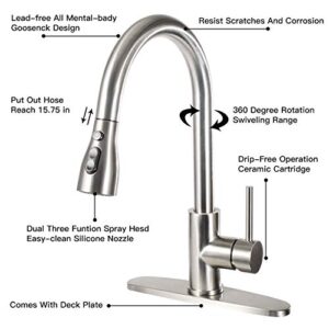 Kitchen Faucet with Pull Down Sprayer，Single Handle Kitchen Sink Faucet with Pull Out Sprayer，High Arc，Stainless Steel Kitchen Faucets with Deck Plate，Brushed Nickel KC-98001BS