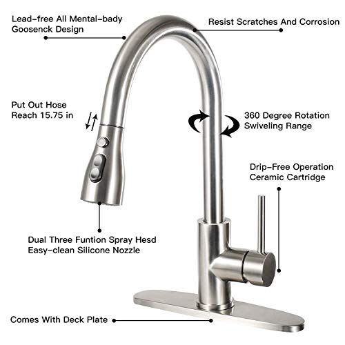 Kitchen Faucet with Pull Down Sprayer，Single Handle Kitchen Sink Faucet with Pull Out Sprayer，High Arc，Stainless Steel Kitchen Faucets with Deck Plate，Brushed Nickel KC-98001BS