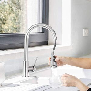 Kitchen Faucet with Pull Down Sprayer，Single Handle Kitchen Sink Faucet with Pull Out Sprayer，High Arc，Stainless Steel Kitchen Faucets with Deck Plate，Brushed Nickel KC-98001BS