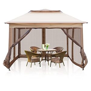 lonabr 11'x11' pop up gazebo with mosquito netting canopy tent with sidewalls, outdoor canopy tent for patio backyard garden, brown