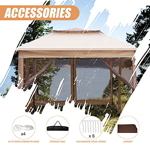 LONABR 11'X11' Pop Up Gazebo with Mosquito Netting Canopy Tent with Sidewalls, Outdoor Canopy Tent for Patio Backyard Garden, Brown