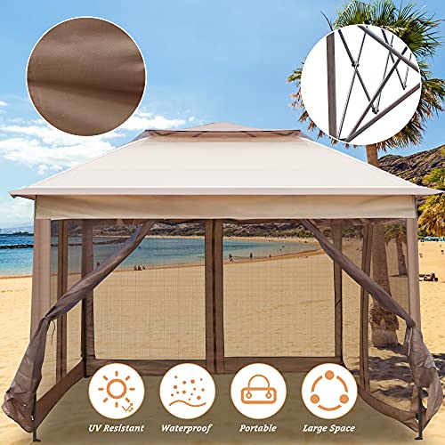 LONABR 11'X11' Pop Up Gazebo with Mosquito Netting Canopy Tent with Sidewalls, Outdoor Canopy Tent for Patio Backyard Garden, Brown