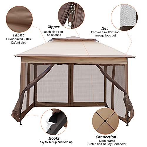 LONABR 11'X11' Pop Up Gazebo with Mosquito Netting Canopy Tent with Sidewalls, Outdoor Canopy Tent for Patio Backyard Garden, Brown