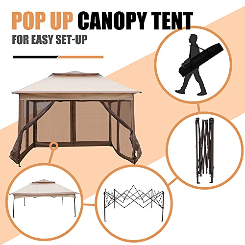 LONABR 11'X11' Pop Up Gazebo with Mosquito Netting Canopy Tent with Sidewalls, Outdoor Canopy Tent for Patio Backyard Garden, Brown