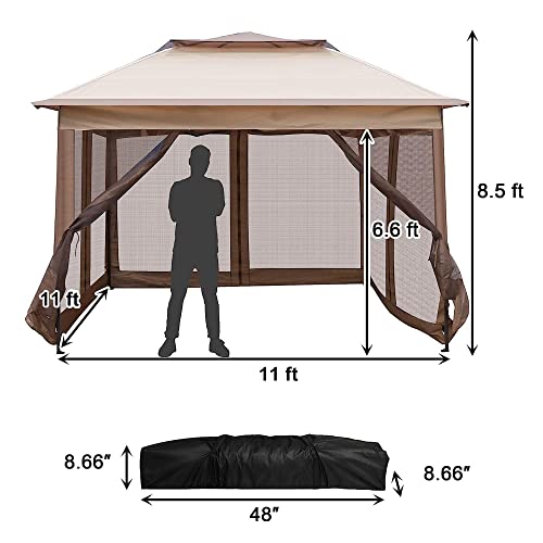 LONABR 11'X11' Pop Up Gazebo with Mosquito Netting Canopy Tent with Sidewalls, Outdoor Canopy Tent for Patio Backyard Garden, Brown