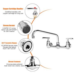 COOLWEST 8” Center Wall Mount Commercial Kitchen Sink Faucet with 12 Inch Swivel Swing Spout, 2 Handles Backsplash Mounted Sink Faucets Chrome Finish