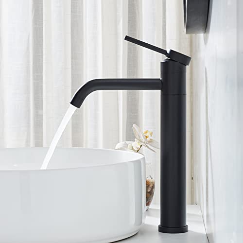 Hotis Modern Matte Black Vessel Sink Faucet, 360 Swivel Vessel Faucets for Sink 1 Hole, Tall Body Single Handle Mixer Spout Stainless Steel with Pop Up Drain