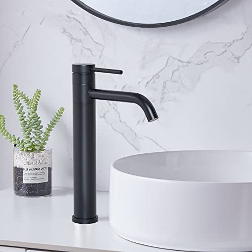 Hotis Modern Matte Black Vessel Sink Faucet, 360 Swivel Vessel Faucets for Sink 1 Hole, Tall Body Single Handle Mixer Spout Stainless Steel with Pop Up Drain