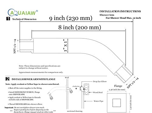 Aquaiaw Square Shower Arm and Anti-Scratch O-Ring Flange, Solid Brass, 8 inch, Both Soldered 1/2-14 NPT Tapered Threads, Wall Mount Shower Head Extension Arm (Matte Black)