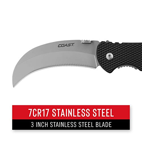 Coast - 21627 COAST DX300 Double Lock Folding Knife with 3" Hooked Stainless Steel Blade,Black