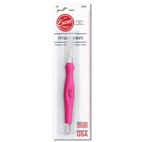 Excel Blades Fit Grip Knife - Ultra Sharp Knife with Carbon Steel Angled Edge Blade & Contoured Rubberized Grip - Light Duty Cutting Tool for Precision Cutting and Trimming - Pink, Made in the USA