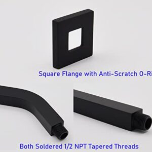 Aquaiaw Square Shower Arm and Anti-Scratch O-Ring Flange, 6 inch, Solid Brass, Both Soldered 1/2 NPT Tapered Threads, Shower Head Arm, Wall Mount Shower Extension Arm (Matte Black)