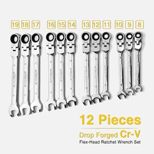 AZUNO 12-Piece Flex-head Ratcheting Wrench Set, Metric Ratchet Spanner Set 8-19mm, Chrome Vanadium Steel with Deluxe Case