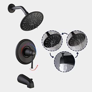 SWKB Shower Faucet with Tub Spout Matte Black Bathroom Shower Tub Faucet Set with 6-spray Shower Head System, Single Handle Shower Trim Kit with Rough-in Valve