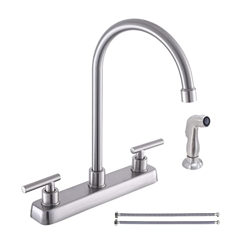 Hotis 4 Hole Kitchen Faucet, Brushed Nickel 2 Handle Kitchen Faucet with Side Sprayer, Rv 3 Hold Kitchen Sink Faucet, Stainless Steel High Arc 360 Swivel Kitchen Faucet Pull Out Side Sprayer