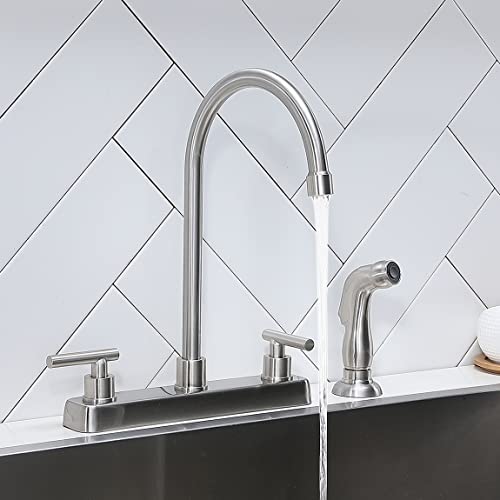Hotis 4 Hole Kitchen Faucet, Brushed Nickel 2 Handle Kitchen Faucet with Side Sprayer, Rv 3 Hold Kitchen Sink Faucet, Stainless Steel High Arc 360 Swivel Kitchen Faucet Pull Out Side Sprayer