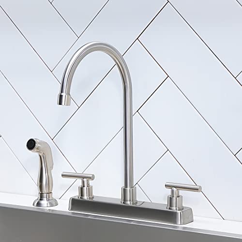 Hotis 4 Hole Kitchen Faucet, Brushed Nickel 2 Handle Kitchen Faucet with Side Sprayer, Rv 3 Hold Kitchen Sink Faucet, Stainless Steel High Arc 360 Swivel Kitchen Faucet Pull Out Side Sprayer