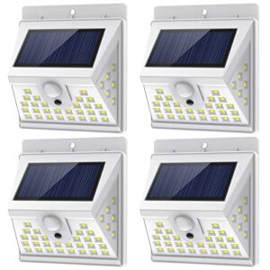 solar lights outdoor motion sensor w/ 3 lighting modes, 270° wide angle lighting, ip65 waterproof. bright wireless security flood light for deck garage yard porch fence(40 led, 5500k, 4 pack, white)
