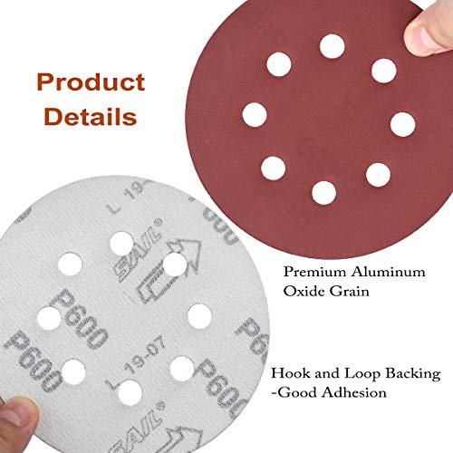 Aiyard 5-Inch 8-Hole Hook and Loop Sanding Discs, 600/800/1000/1200/1500/2000 Fine Grits Sandpaper for Random Orbit Sander, 60-Pack