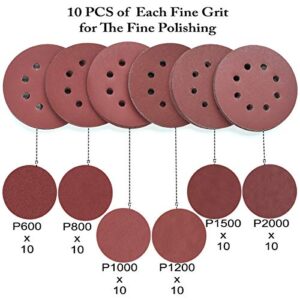 Aiyard 5-Inch 8-Hole Hook and Loop Sanding Discs, 600/800/1000/1200/1500/2000 Fine Grits Sandpaper for Random Orbit Sander, 60-Pack