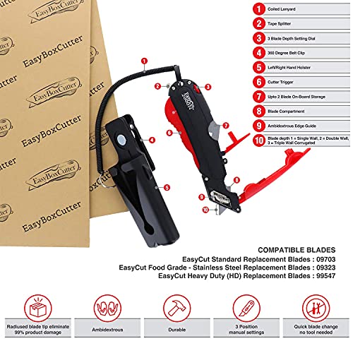 Modern Box Cutter, Extra Tape Cutter at Back, Dual Side Edge Guide, 3 Blade Depth Setting, 2 Blades and Holster - 2000 Red STD