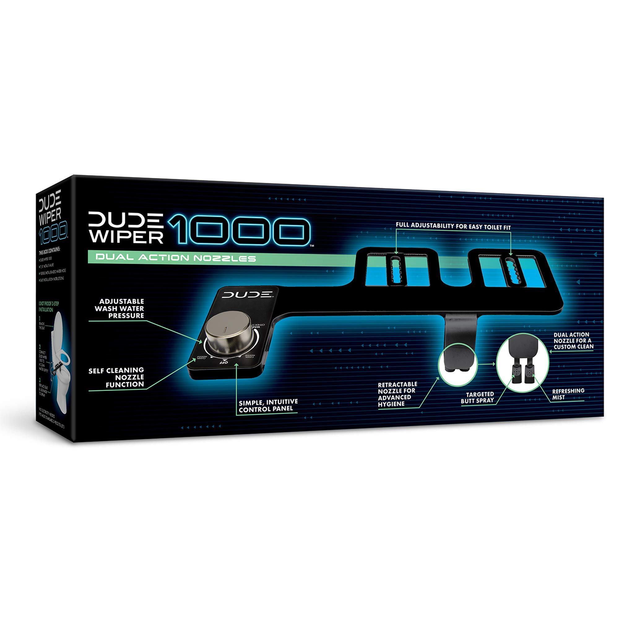 DUDE Wiper 1000 - Bidet Attachment - Black Dual-Action Nozzle and Control Panel - Easy Installation - Fits Most Standard Toilets