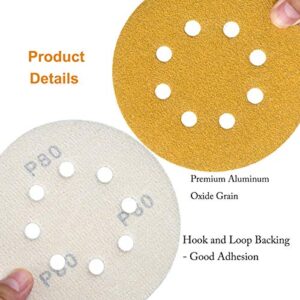 Aiyard 5-Inch 8-Hole Hook and Loop Sanding Discs 80-Grit Random Orbit Sandpaper, 100-Pack