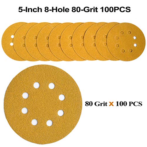 Aiyard 5-Inch 8-Hole Hook and Loop Sanding Discs 80-Grit Random Orbit Sandpaper, 100-Pack