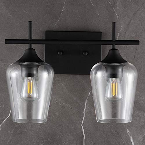 VONLUCE 2-Light Vanity Light in Matt Black Finish, Vintage Farmhouse Mirror Lights with Clear Glass Shade, Modern Industrial Wall Sconce for Bathroom, Bedroom, Hallway, Makeup Dressing Table