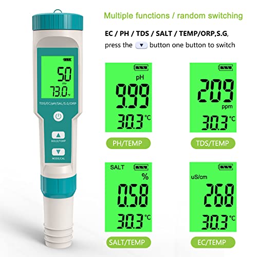 RCYAGO PH Meter, 7 in 1 pH/TDS/EC/ORP/S.G/Salinity/Temp Meter with ATC pH Tester, 0.01 Resolution High Accuracy Water Tester, pH Meter for Water Household Drinking, Swimming Pool and Aquarium