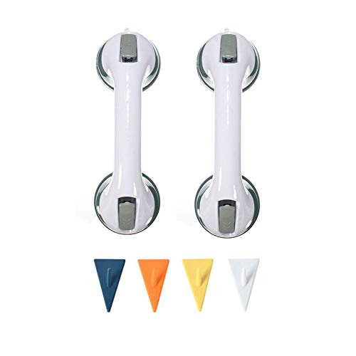 FChome 2 pcs Shower Wall Suction Cup Grab Bars with 4 pcs Self-Adhesive Hooks, Bathroom Balance Bar-12 Inch Shower Handle Bar Offers Safe Grip with Strong Hold Suction Cup for Safety Grip Grab,Gray.