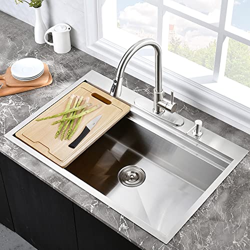 33 Inch Drop In Kitchen Sink Workstation-Hovheir 33x22 Stainless Steel Topmount Double Ledges Workstation Sink 16 Gauge Deep Single Bowl Overmount