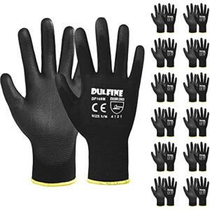 dulfine ultra-thin pu coated work gloves-12 pairs,excellent grip,nylon shell black polyurethane coated safety work gloves, knit wrist cuff,ideal for light duty work. (large)