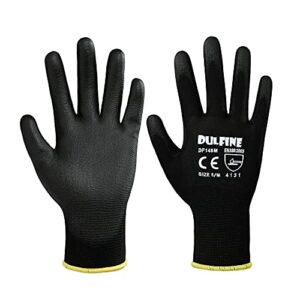 DULFINE Ultra-Thin PU Coated Work Gloves-12 Pairs,Excellent Grip,Nylon Shell Black Polyurethane Coated Safety Work Gloves, Knit Wrist Cuff,Ideal for Light Duty Work. (Large)