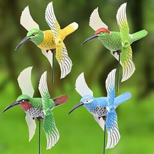 uoudio 4pcs hummingbird garden decor stakes with windmill, durable garden ornaments outdoor decorations for patio lawn yard