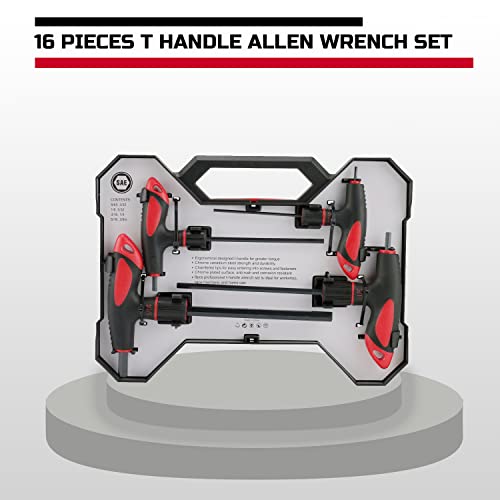 Lichamp T-Handle Allen Wrench Set, 16 Pieces, SAE and Metric Sizes, Ergonomic Design, High-Grade Steel