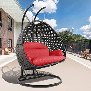 leisuremod 2 person hanging double swing chair, x-large wicker rattan egg chair with stand and cushion for indoor outdoor patio garden (red)