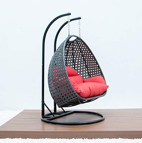 LeisureMod 2 Person Hanging Double Swing Chair, X-Large Wicker Rattan Egg Chair with Stand and Cushion for Indoor Outdoor Patio Garden (Red)