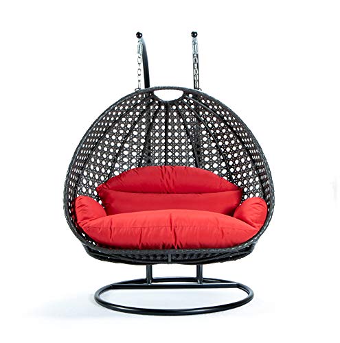 LeisureMod 2 Person Hanging Double Swing Chair, X-Large Wicker Rattan Egg Chair with Stand and Cushion for Indoor Outdoor Patio Garden (Red)