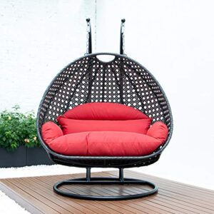 LeisureMod 2 Person Hanging Double Swing Chair, X-Large Wicker Rattan Egg Chair with Stand and Cushion for Indoor Outdoor Patio Garden (Red)