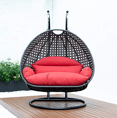 LeisureMod 2 Person Hanging Double Swing Chair, X-Large Wicker Rattan Egg Chair with Stand and Cushion for Indoor Outdoor Patio Garden (Red)