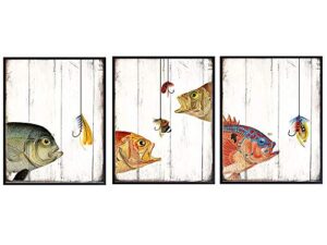 fish wall decor - 8x10 fishing lures wall art poster - rustic vintage shabby chic decorations set for beach or lake house, farmhouse, country cottage, home, office, living room, bedroom - unique gift