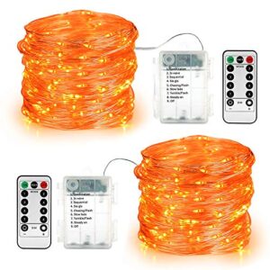 brizlabs orange fairy lights, 19.47ft 60 led orange string lights, 8 modes battery orange halloween lights with remote, outdoor halloween twinkle lights for diy home bedroom patio holiday party decor