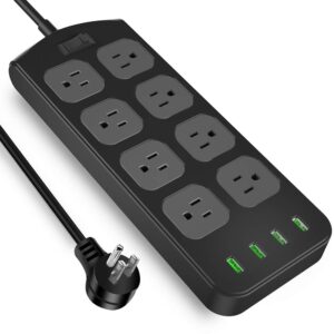 power strip surge protector 1875w/15a - 8 ac outlets 3.1a 4 usb ports 6 feet long extension cord, mountable power outlet for flat plug phone ipad pc laptop home,office & hotel - black