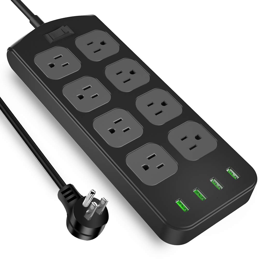 Power Strip Surge Protector 1875W/15A - 8 AC Outlets 3.1A 4 USB Ports 6 Feet Long Extension Cord, Mountable Power Outlet for Flat Plug Phone iPad PC Laptop Home,Office & Hotel - Black