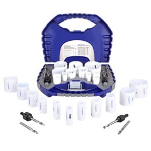 hole saw kit, 17 piece general purpose 3/4" to 2-1/2" set with mandrels, bi-metal, durable high speed steel (hss). fast cut clean, smooth and precise holes through pvc, metal, wood, plastic, drywall