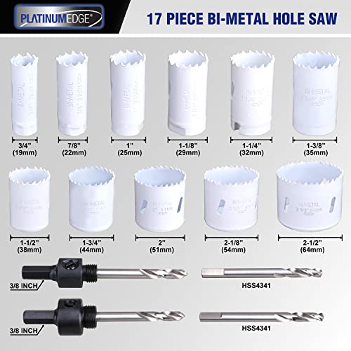 Hole Saw Kit, 17 Piece General Purpose 3/4" to 2-1/2" Set with Mandrels, Bi-Metal, Durable High Speed Steel (HSS). Fast Cut Clean, Smooth and Precise Holes Through PVC, Metal, Wood, Plastic, Drywall