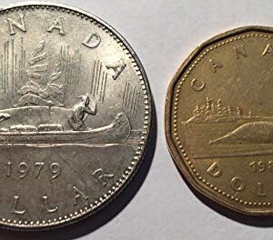 Real Canadian Dollar Set Old Large Voyager Canoe and New Small Loonie